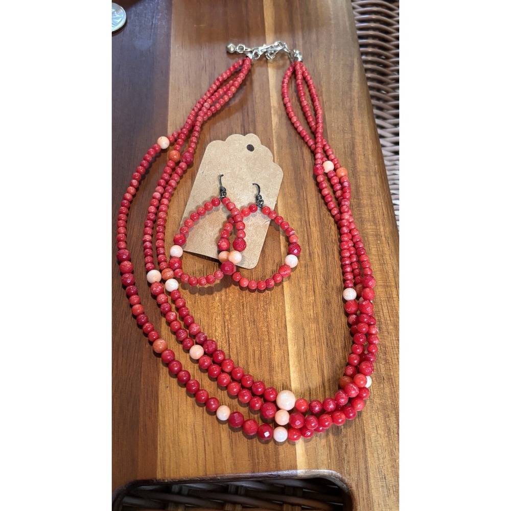 Jay King Mine Finds Red and Pink Triple Strand Beaded Earrings & Necklace Set